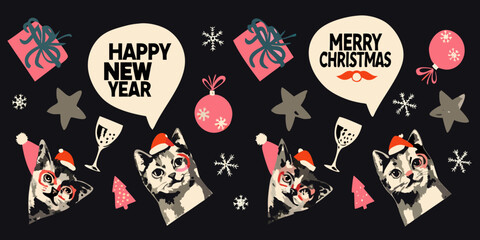 Festive holiday banner illustration with cats gifts and seasonal ornaments © Dipa