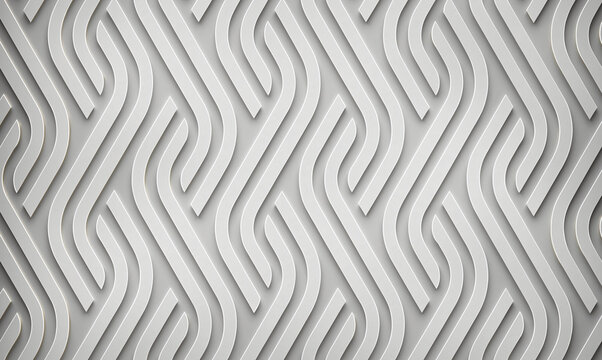 close up of a light grey and bright white abstract three dimensional surface featuring raised interlocking geometric angled lines with a soft drop shadow