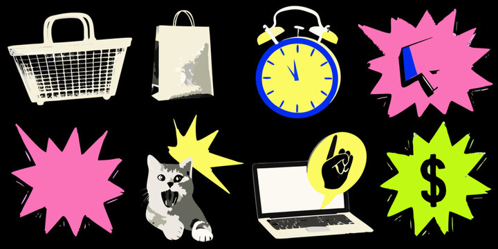 Pop Art Collage Featuring Shopping Basket Clock And Cat On Black Background
