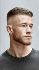Fototapeta premium Young man with short summer haircut, stylish beard, casual black shirt, confident expression, modern hairstyle, light background