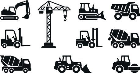 Industrial Construction Machinery Silhouette Icon Set Featuring Crane Excavator Dump Truck Cement Mixer Forklift and Bulldozer Vector Graphi © MdMonirul