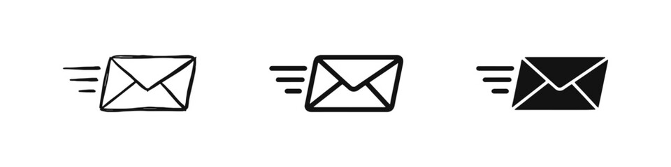 Fast mail delivery icon set in solid, outline, and hand-drawn styles representing email, speed, and communication © drawing lines