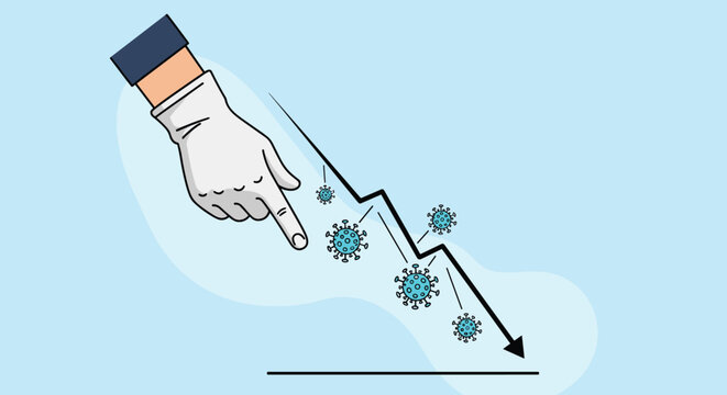 Hand wearing a white medical glove pointing at a black arrow graph showing a steady decline in harmful virus cell numbers.