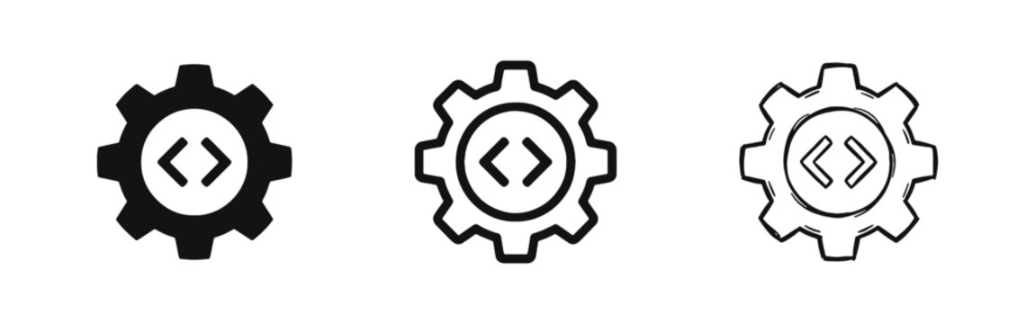 Gear with coding symbols icon set for web development and software