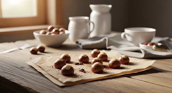 Homemade buckeyes candy arranged on baking paper on a rustic wooden table with white ceramic mugs and cups in soft window light.