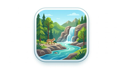A majestic tiger stands by a flowing river near a waterfall in a lush forest. © Gian