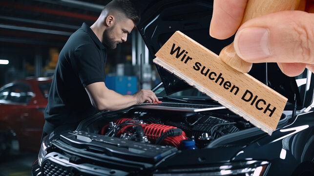 Ein Holzstempel ist beschriftet mit dem Aufdruck: Wir suchen DICH &uuml;ber dem Bild eines Automechanikers in einer Autowerkstatt - FOTOMONTAGE
