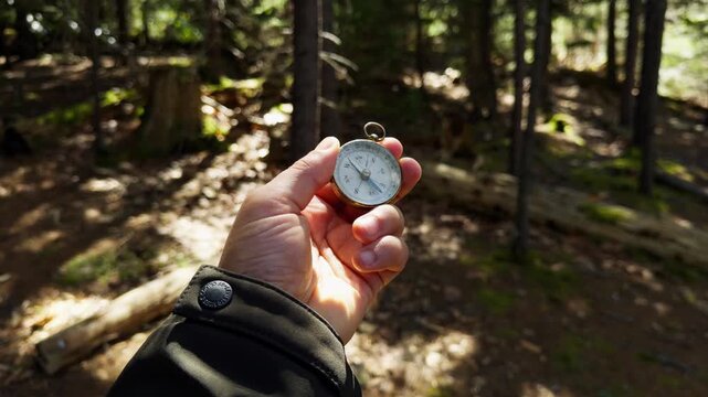 A hand holds a compass against the backdrop of lush trees. Sunlight filters through the branches, creating a peaceful atmosphere perfect for adventure and discovering new paths in nature