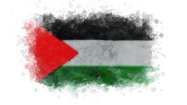 The Palestinian flag is depicted with a watercolor splash effect, symbolizing national identity and heritage in a stylized artistic representation against a white background.
