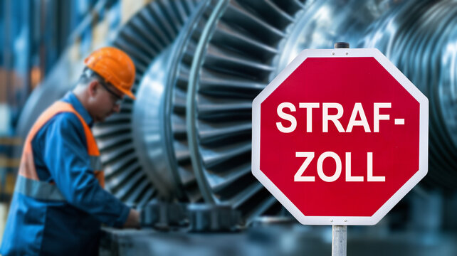 Vor dem fiktiven und digitalen Bild eines Maschinenbaus steht ein Stopschild mit der Aufschrift Strafzoll als Symbolbild f&uuml;r den Handelskrieg der USA - FOTOMONTAGE - digital bearbeitet