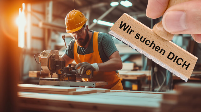 Ein Holzstempel ist beschriftet mit dem Aufdruck: Wir suchen DICH &uuml;ber dem Bild von einem Schreiner bei der Arbeit - FOTOMONTAGE