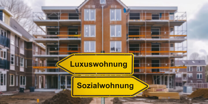 Vor einem Wohngeb&auml;ude steht symbolisch ein Wegweiser mit dem Aufdruck Luxuswohnung vs. Sozialwohnung und in unterschiedliche Richtungen zeigt - FOTOMONTAGE