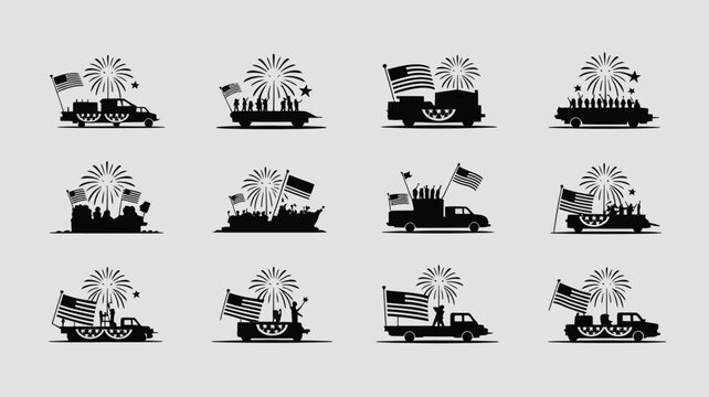 Independence day parade float silhouettes with fireworks and american flag celebration set.