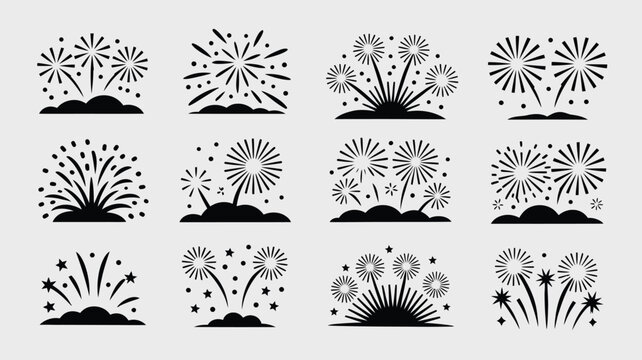 Festive firework sparklers and bursts silhouette collection for celebration event graphic.