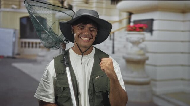 Man holding a fishing net, smiling broadly with a clenched fist and hat brim visible, posing in front of a neoclassical building facade; joy adventure.
