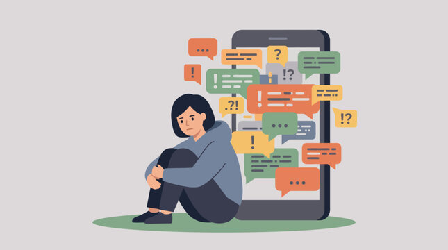 Sad Depressed Young Woman Sitting Alone Overwhelmed by Cyberbullying and Smartphone Notifications