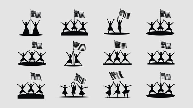 People holding american flags vector set, group of happy patriots celebrating national holiday.