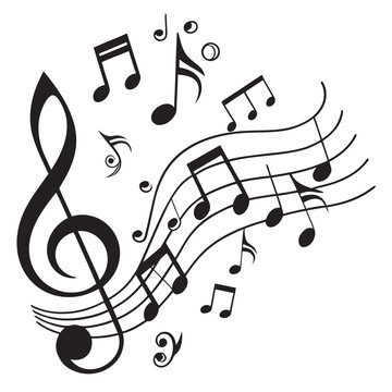 Black and white vector illustration of music notes and two treble clefs on a wavy five-line staff, graphic for music concepts.
