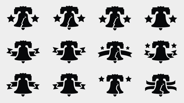 Liberty bells with stars and ribbons, independence day symbol variations collection.