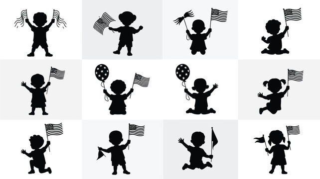 Children silhouettes holding american flags and balloons for independence day celebration.