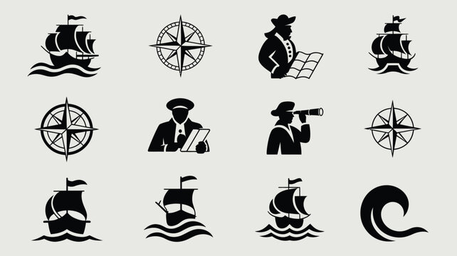 Pirate and sailor icons with ships and compass. set of navigation symbols.