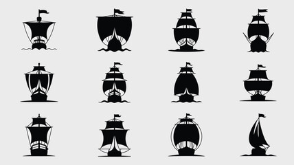 Front view silhouettes of vintage sailing ships collection in black on light background. © Shela