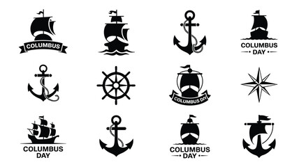 Columbus day nautical emblem collection featuring ships anchors steering wheel and symbols. © Shela