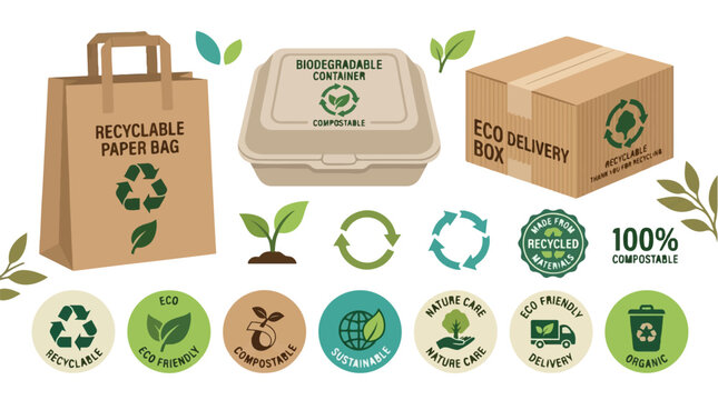 Eco icons set vector illustration of recycling cardboard boxes package delivery shipping and eco friendly business concept icons