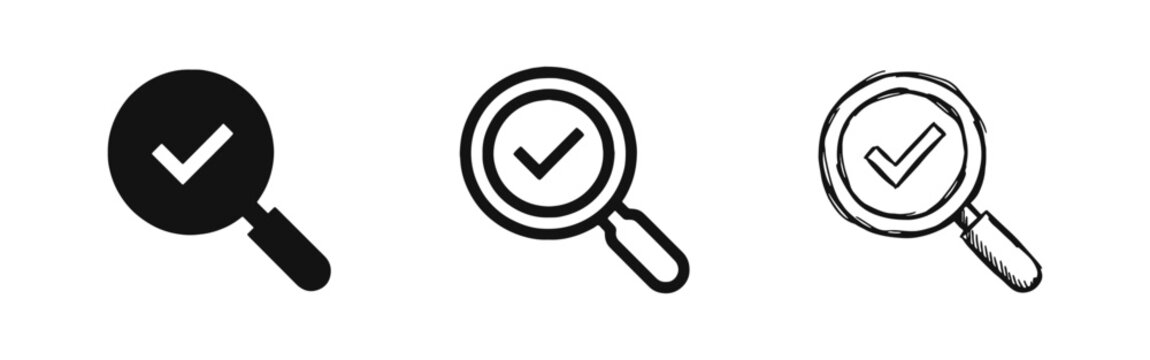 Search and Verification Icon Set with Magnifying Glass and Checkmark