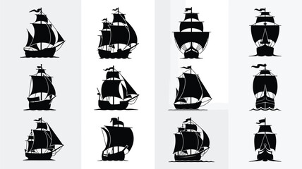 Collection of various silhouette sailing ships on white background. © Shela