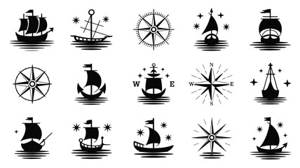 Nautical icons collection including sailing ships and compass rose symbols for navigation. © Shela