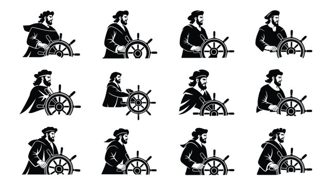 Captain on ship steering wheel silhouette with beard and hat.