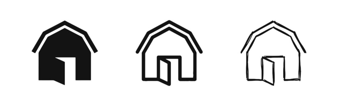 Farm Barn Building Icon Set in Flat Line and Hand Drawn Style