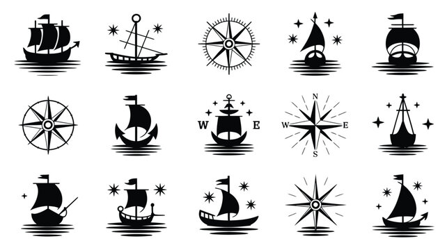 Nautical icons collection including sailing ships and compass rose symbols for navigation.