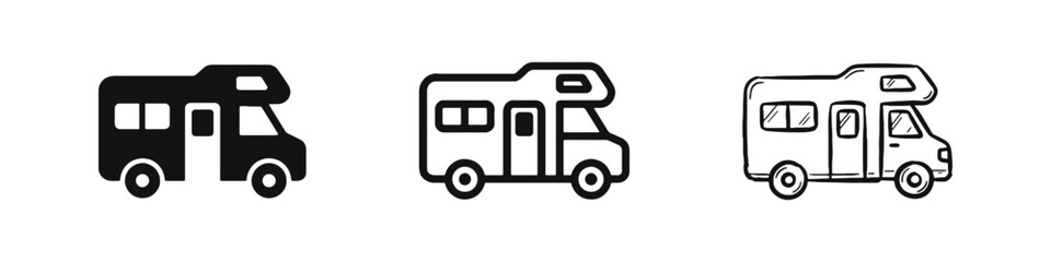 Camper van icon set, recreational vehicle RV symbol, travel and outdoor camping motorhome illustration © drawing lines