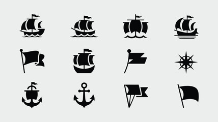 Nautical navigation symbols including ships anchors flags and compass rose for marine design. © Shela