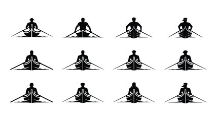 Set of black silhouettes of rowers in boats, dynamic and minimalist rowing icons. © Shela