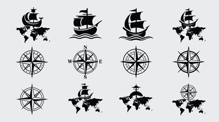 Set of vintage nautical symbols with ships on world map and compasses collection. © Shela