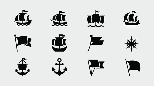 Nautical navigation symbols including ships anchors flags and compass rose for marine design.