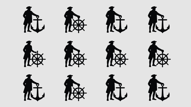 Set of black silhouettes of sailors or pirates holding anchor and ship wheel collection.