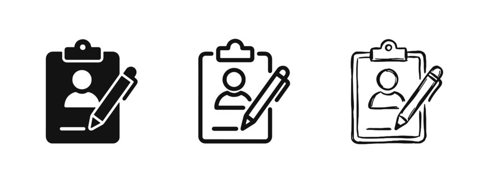 User profile registration icon set, clipboard and pen symbol, employee record and application form illustration