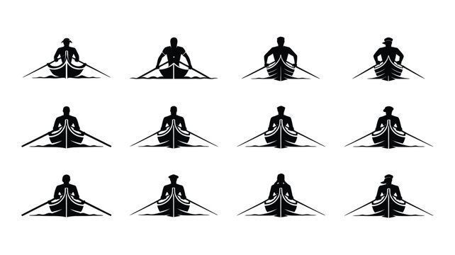 Set of black silhouettes of rowers in boats, dynamic and minimalist rowing icons.
