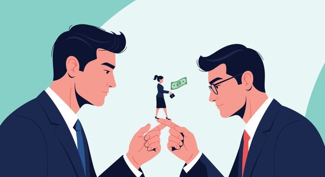 Conceptual illustration of the gender pay gap featuring two large men supporting a tiny woman holding a dollar bill.