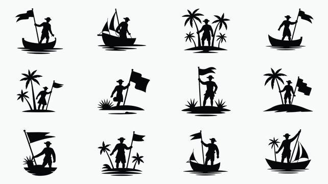 Set of explorers with flags on islands and boats, adventurous and tropical designs.