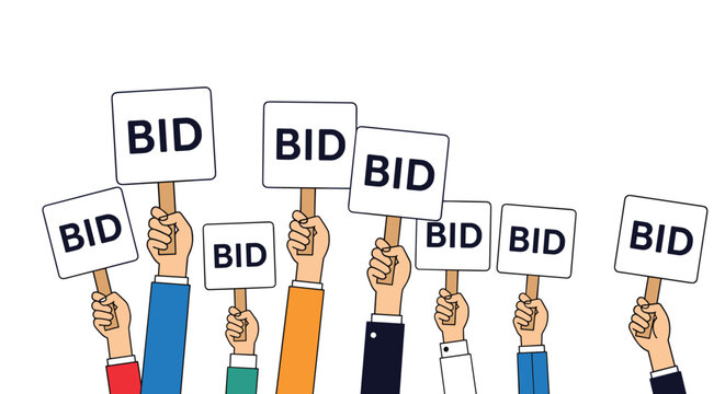 Group of diverse hands raising white rectangular signs with bid text during a competitive auction or commercial business bidding event.