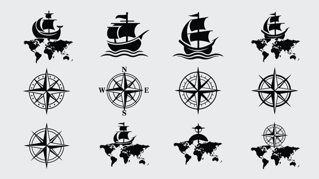 Set of vintage nautical symbols with ships on world map and compasses collection.