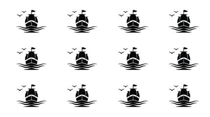 Sailing ship silhouette on waves with birds flying, classic boat design. © Shela