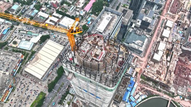 Urban High-Rise Construction Site with Tower Crane