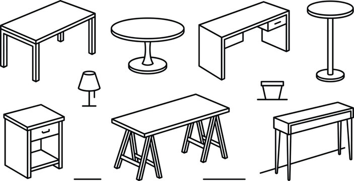 Isometric table and desk line icon set with office desks dining tables round coffee table nightstand and console