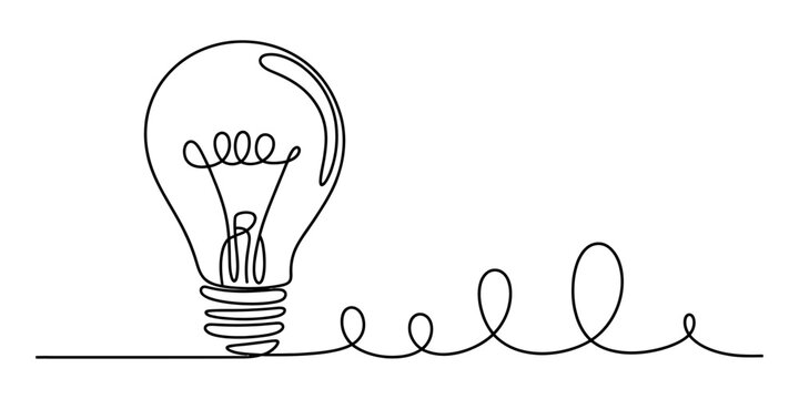 Single line drawing of a light bulb with a curly wire extending to the side, representing an idea